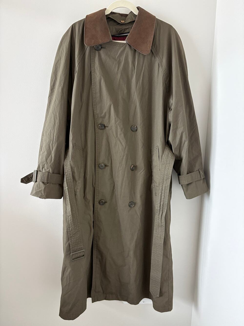 Olive Trench Overcoat Mens 38R Removable Liner/Leather Collar VTG 90s London Fog